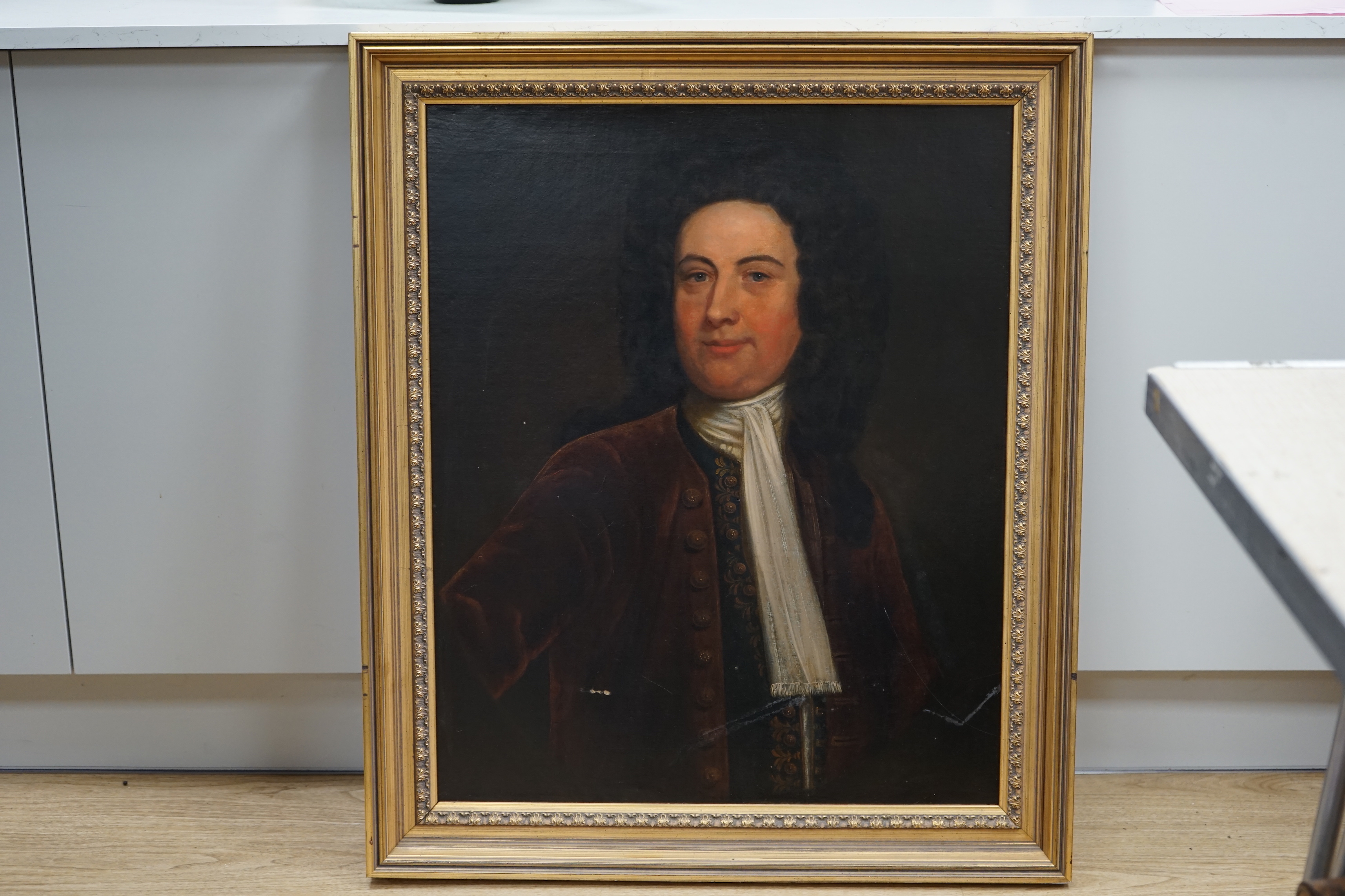 Mid 18th century, English school, oil on canvas, Portrait of a gentleman wearing a wig and frock coat, 74 x 60cm